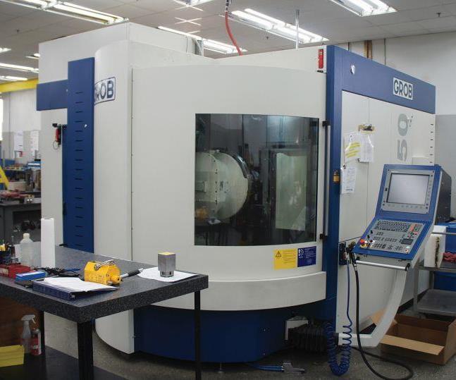 Omega has two Grob G350 five-axis machining centers. The second was outfitted for automation, but this one, the shop’s first, isn’t tended by the robot. Still, System 3R fixturing keeps the machine integrated with Omega’s standardized manufacturing system.