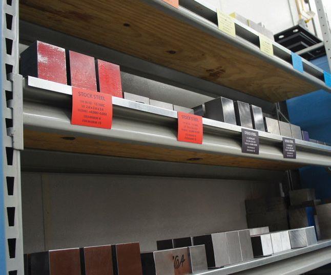 Stored by material type in horizontal and vertical configurations, standard-size blocks of raw stock with connecting hole patterns already machined ensure easy, fast pallet mounting at the outset of any job.