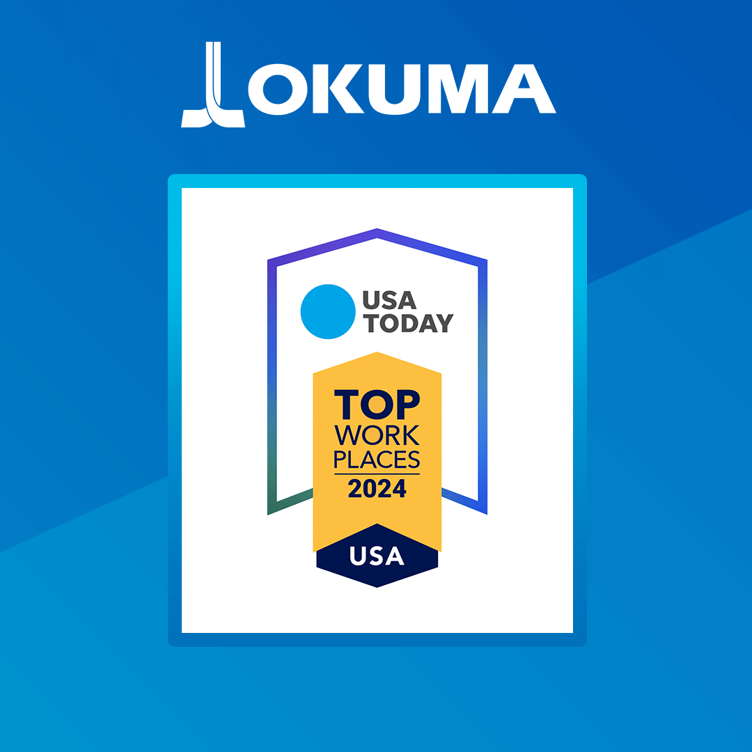 Okuma America Corporation Recognized Nationally as a 2024 Top Workplace 2024 Top Workplace USA graphic with Okuma logo (1)